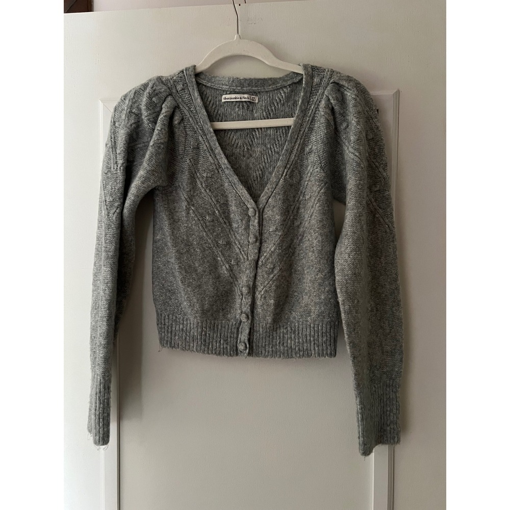 Abercrombie & Fitch Gray Puff Sleeve Bobble Knit V-Neck Cardigan Sweater XS